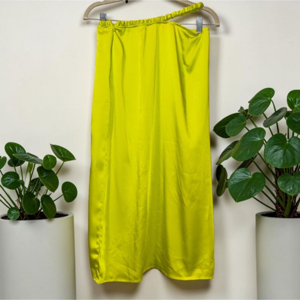 Women's Lime Green High Rise Midi Pencil Skirt Front Slit